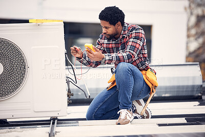 Buy stock photo Air conditioner, roof and technician man repair, maintenance and working on electrical power generator. African electrician person, handyman or contractor with electricity, cables check and services