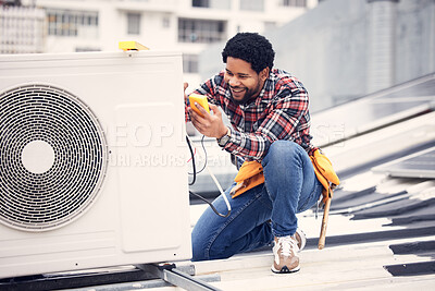 Buy stock photo Air conditioner, happy and technician man ac repair, maintenance or inspection of electrical heat pump or generator. Black person, electrician or contractor with electricity, cables check and rooftop