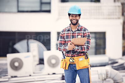 Buy stock photo Engineering, portrait and man on clipboard for air conditioner maintenance, inspection or technician ac repair. Happy African person, handyman or electrician, electrical checklist and rooftop service