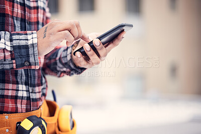 Buy stock photo Phone, hands and maintenance man typing online search for repair instructions, guide manual or scroll on website ui. Outdoor mobile connection, smartphone mockup and male handyman check schedule info