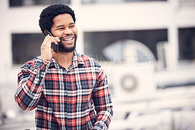 Buy stock photo Phone call communication, urban and happy black man talking, networking or speaking on outdoor mobile conversation. Smartphone chat, city rooftop or African person consulting with cellphone contact