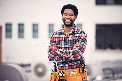 Buy stock photo Construction worker, portrait and man on a building roof for architecture and property management. Smile, happiness and industrial designer with arms crossed and sustainable energy with motivation