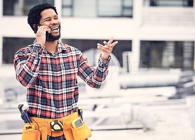 Buy stock photo Phone call, contractor and laughing man talking, networking or speaking about funny conversation joke. Comedy chat, rooftop handyman or African maintenance person consulting with inspection contact