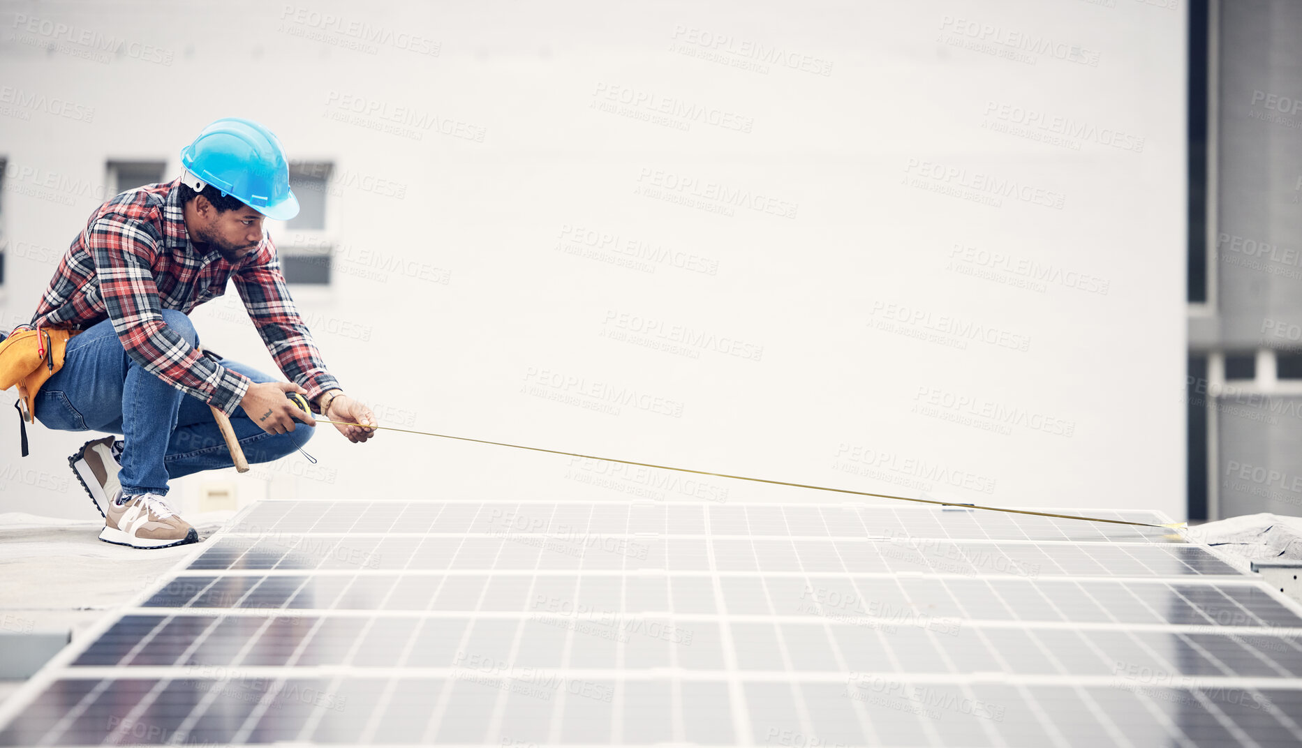 Buy stock photo Man, solar panel and tape measure for roof maintenance of photovoltaic plate, eco friendly sustainable grid or renewable energy. Inspection, green power supply or male engineer check electricity cell