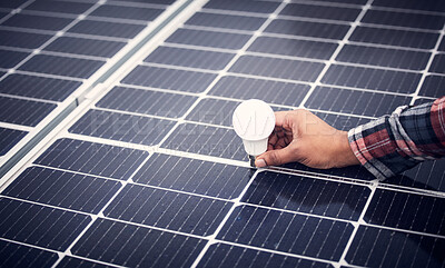 Buy stock photo Solar panel, renewable energy lightbulb and man hands test quality of photovoltaic cell, sustainability or green power supply. Maintenance, engineer inspection and male with sustainable electricity