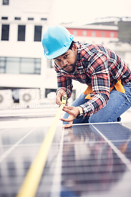 Buy stock photo Engineer man, measuring tape or roof solar panel in sustainable planning, clean energy or development. African technician, photovoltaic or installation system for power, sustainability or electricity