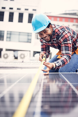 Buy stock photo Engineer man, measuring tape or solar panel on rooftop for sustainable planning, renewable energy or development. African technician smile, photovoltaic system or roof installation with measurement