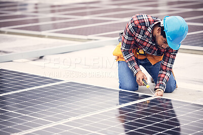 Buy stock photo Black man, electrician and solar panels installation on rooftop, sustainable energy with eco friendly technology. Maintenance, tools and male in engineering with infrastructure and power from the sun
