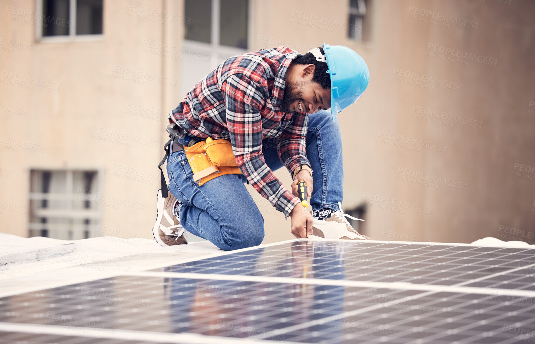 Buy stock photo Solar panel install, engineer and black man on roof, sustainable or renewable energy mockup. Photovoltaic technician, electricity and happy person check, maintenance or inspection with screwdriver.