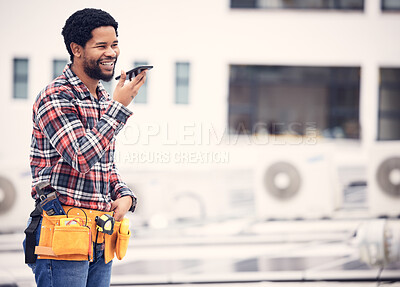 Buy stock photo Speaker phone call, contractor and happy black man talking, chat or networking on cell conversation. Voice mail note, speech to mobile communication for male handyman consulting on smartphone contact