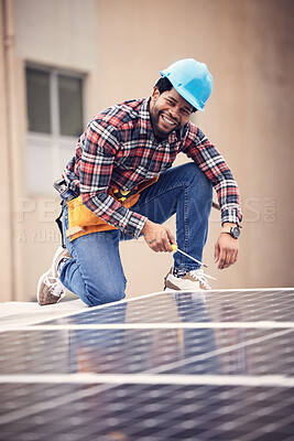 Buy stock photo Screwdriver, happy man portrait and solar panel installation of photovoltaic electricity cell on rooftop building. Sustainable, eco renewable energy and male handyman with sustainability plate tools