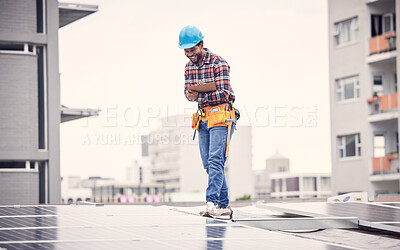 Buy stock photo Solar panel inspection, clipboard or happy black man check quality of photovoltaic cell, sustainability or renewable energy. Rooftop maintenance, checklist or male technician doing electricity test