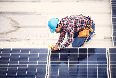 Buy stock photo Black man, solar panel inspection and engineering sustainability and eco friendly with renewable energy. Maintenance check, male engineer and infrastructure with sustainable electricity and top view