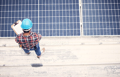 Buy stock photo Solar panel, clipboard and technician man inspection, energy saving maintenance and sustainable power above. Engineering person, electrician or contractor and checklist for photovoltaic grid safety