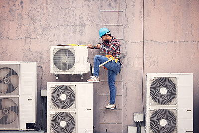 Buy stock photo Black man, ac repair and technician, maintenance with engineering and fixing air conditioner with tools. Handyman, service and manual labor with male electrician, technology and helmet for safety