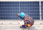 Inspection, solar panels and engineering man with clipboard, energy saving maintenance and eco friendly power above. Sustainable technician, electrician or person with checklist and photovoltaic grid