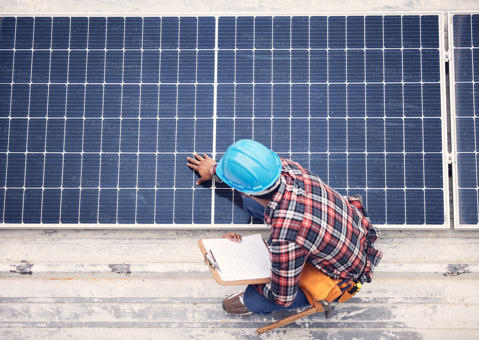 Buy stock photo Inspection, solar panels and engineering man with clipboard, energy saving maintenance and eco friendly power above. Sustainable technician, electrician or person with checklist and photovoltaic grid