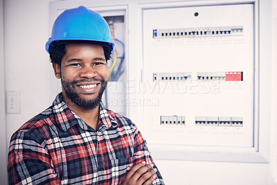 Buy stock photo Black man in portrait, technician and electricity fuse box, check power supply with maintenance on main circuit breaker. Engineer, electrician and male worker with smile, handyman and electrical fix