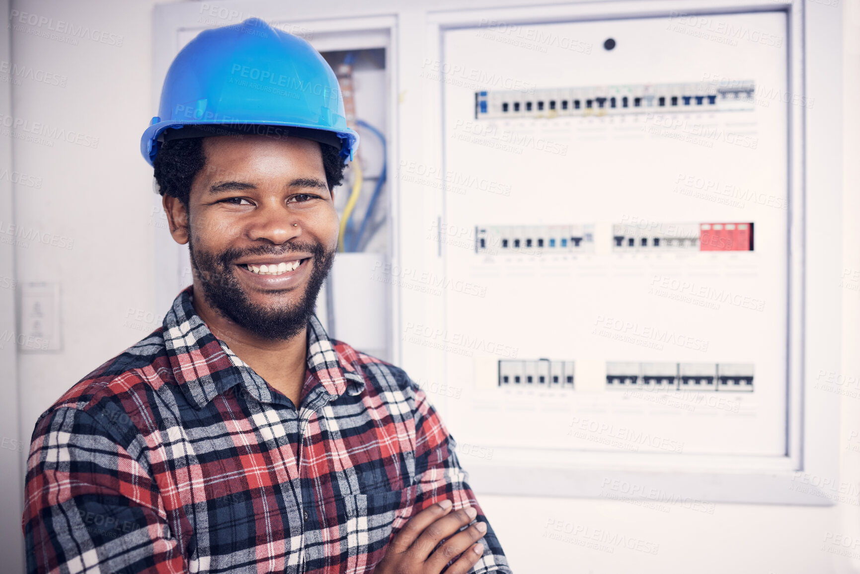 Buy stock photo Black man in portrait, technician and electricity fuse box, check power supply with maintenance on main circuit breaker. Engineer, electrician and male worker with smile, handyman and electrical fix