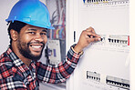 Black man in portrait, electrician and electricity fuse box, check power supply with maintenance on main circuit breaker. Engineer, technician and male worker with smile, handyman and electrical fix