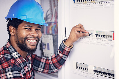 Buy stock photo Black man in portrait, electrician and electricity fuse box, check power supply with maintenance on main circuit breaker. Engineer, technician and male worker with smile, handyman and electrical fix
