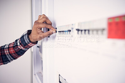 Buy stock photo Man, hand and electrician with electricity fuse box, check power supply with maintenance on main circuit breaker switch. Engineer, technician and male worker with handyman and electrical fix