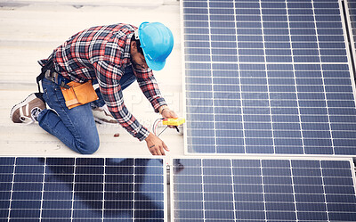 Buy stock photo Black man, solar panel inspection and renewable energy, sustainability and eco friendly technology. Maintenance check, male engineer and infrastructure, electricity and top view with energy saving