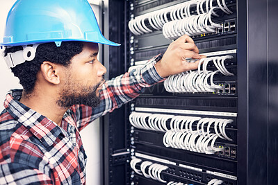 Buy stock photo Electrician, switchboard or man check electric wires, electrical server or repair system, machine or circuit. Quality control inspection, maintenance industry or black person troubleshooting fuse