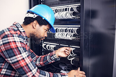 Buy stock photo Electrician, engineering and black man with circuit board for inspection, maintenance and repair. Construction, electricity and male worker, handyman and mechanic with system, cable server and switch