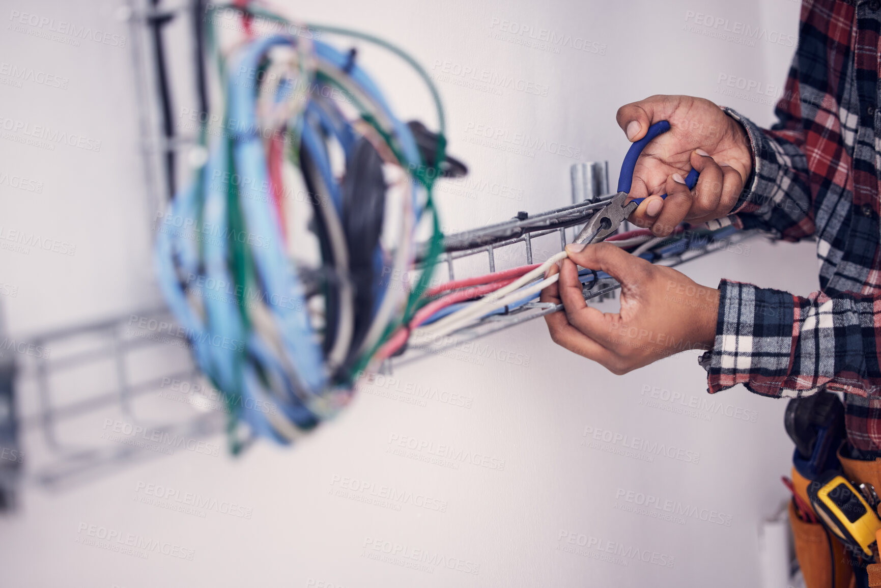 Buy stock photo Electrician, technician and hands of man with cable maintenance, inspection and home repair. Construction worker, electricity and male engineer, handyman and contractor with circuit, wires and tools