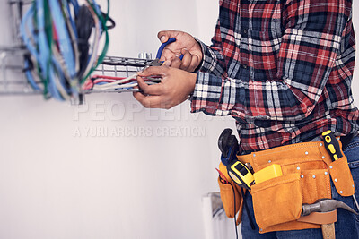 Buy stock photo Electrician, technician and man with tool for cable maintenance, inspection and home repair. Construction worker, electricity and male engineer, handyman and contractor with circuit, wires and belt