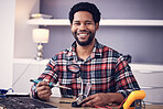 Black man, technician fixing electronics in portrait and computer hardware, soldering iron tools and tech repair. Maintenance, magnifying glass and electrical fix with happy male working on device
