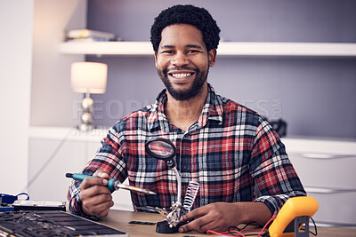 Buy stock photo Technician portrait, man and fixing electronics of computer hardware, soldering iron tools or tech repair. Maintenance, magnifying glass or electrical fix for happy African male working on technology