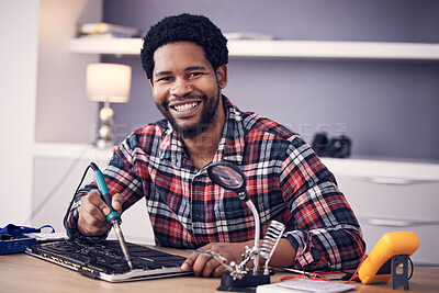 Buy stock photo Black man, technician fixing electronics and tablet hardware, soldering iron tools and tech repair. Maintenance, magnifying glass and electrical fix with happy male in portrait working on device