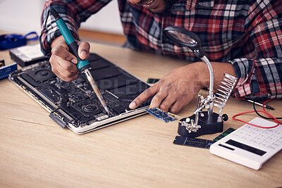 Buy stock photo Motherboard, working and man hands doing engineer and electricity fix with electrical tools. It, engineering and electric work of a male fixing microchip and voltage test on a hardware board