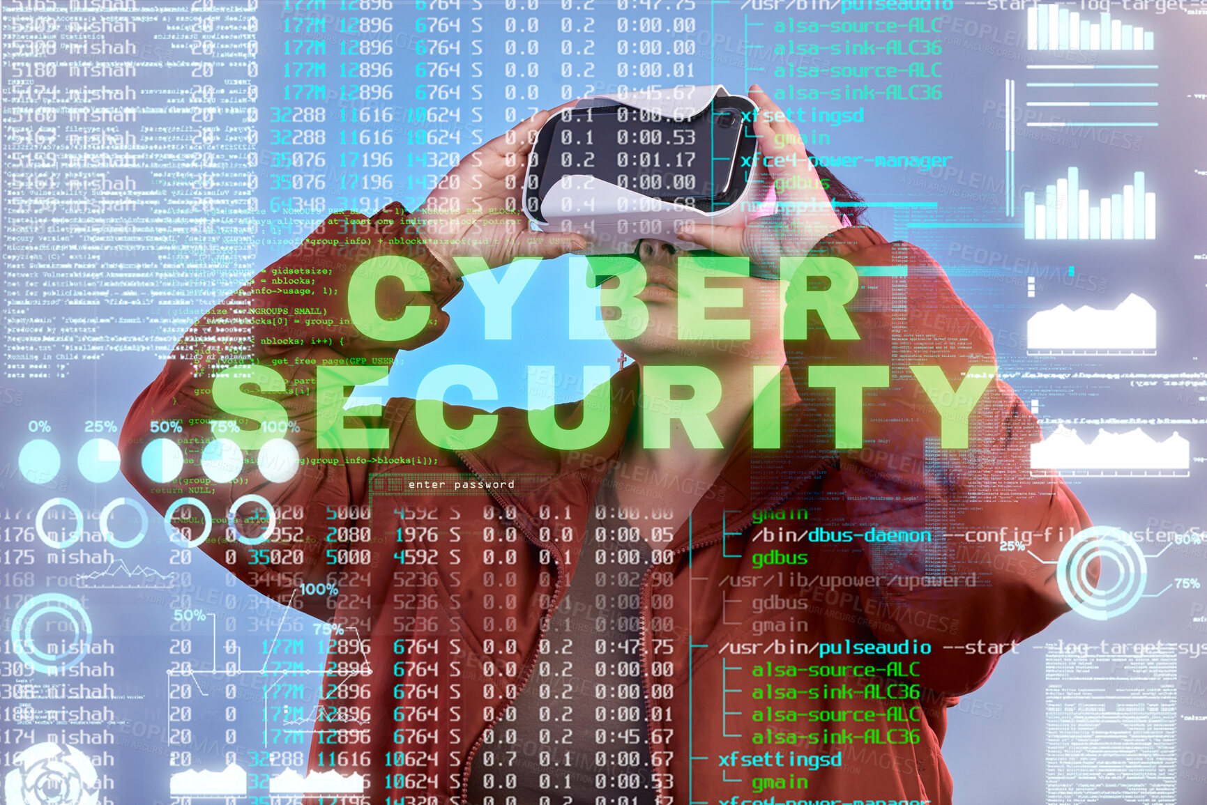 Buy stock photo Cybersecurity, woman or virtual reality glasses with hologram for digital transformation, charts or graphs. Hacker with vr headset or overlay of online 3d code technology for big data or future news