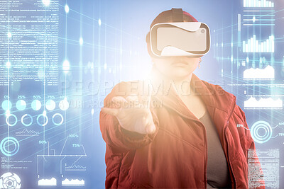 Buy stock photo Light, woman or virtual reality glasses with overlay for digital transformation, 3d charts or graphs online. Girl with vr headset in holographic cybersecurity technology for big data or future news
