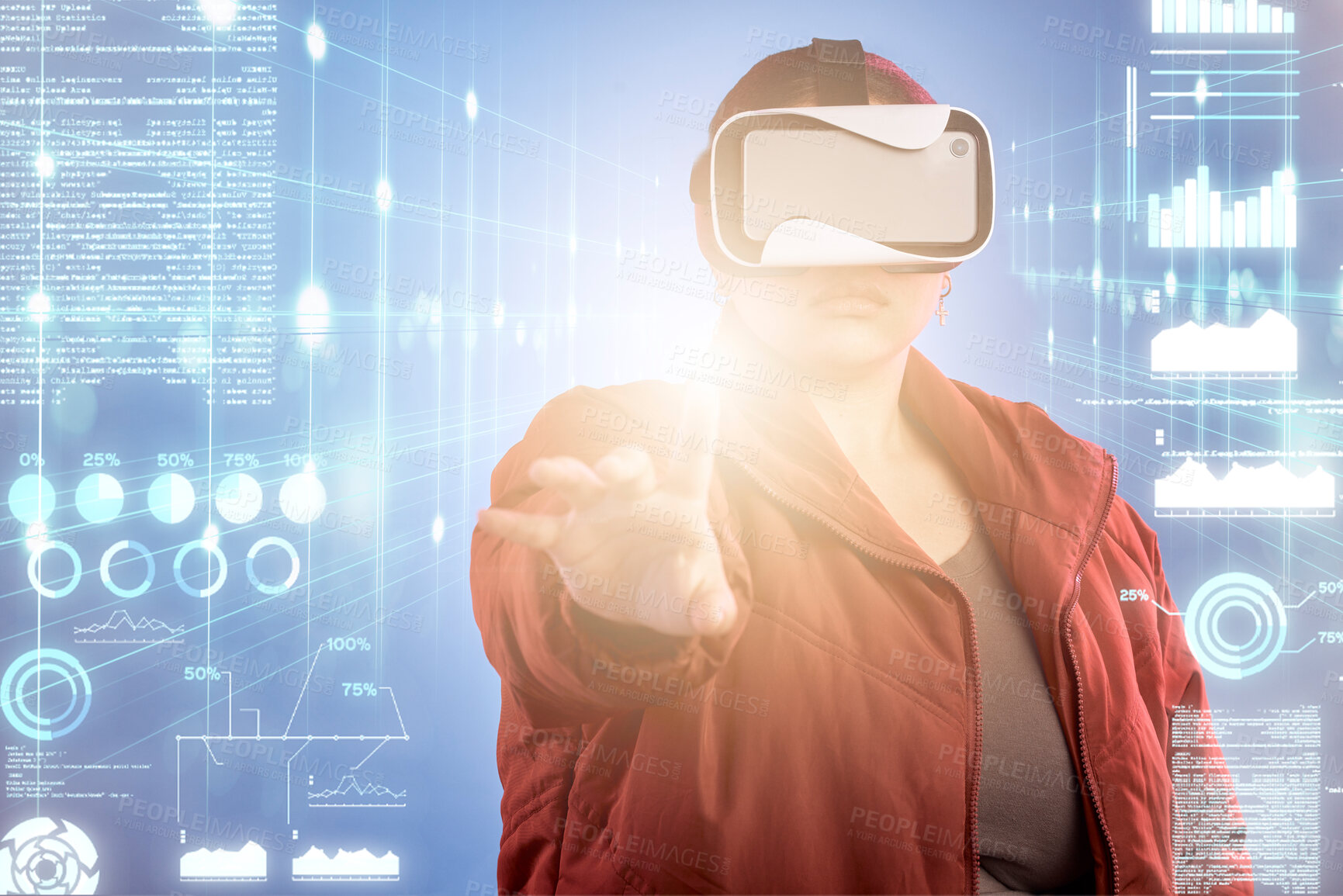 Buy stock photo Light, woman or virtual reality glasses with overlay for digital transformation, 3d charts or graphs online. Girl with vr headset in holographic cybersecurity technology for big data or future news