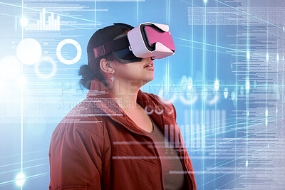 Buy stock photo Metaverse, girl or virtual reality glasses with overlay for digital transformation, charts or graphs online. Woman with cool vr headset in holographic cyber 3d technology for big data or future news