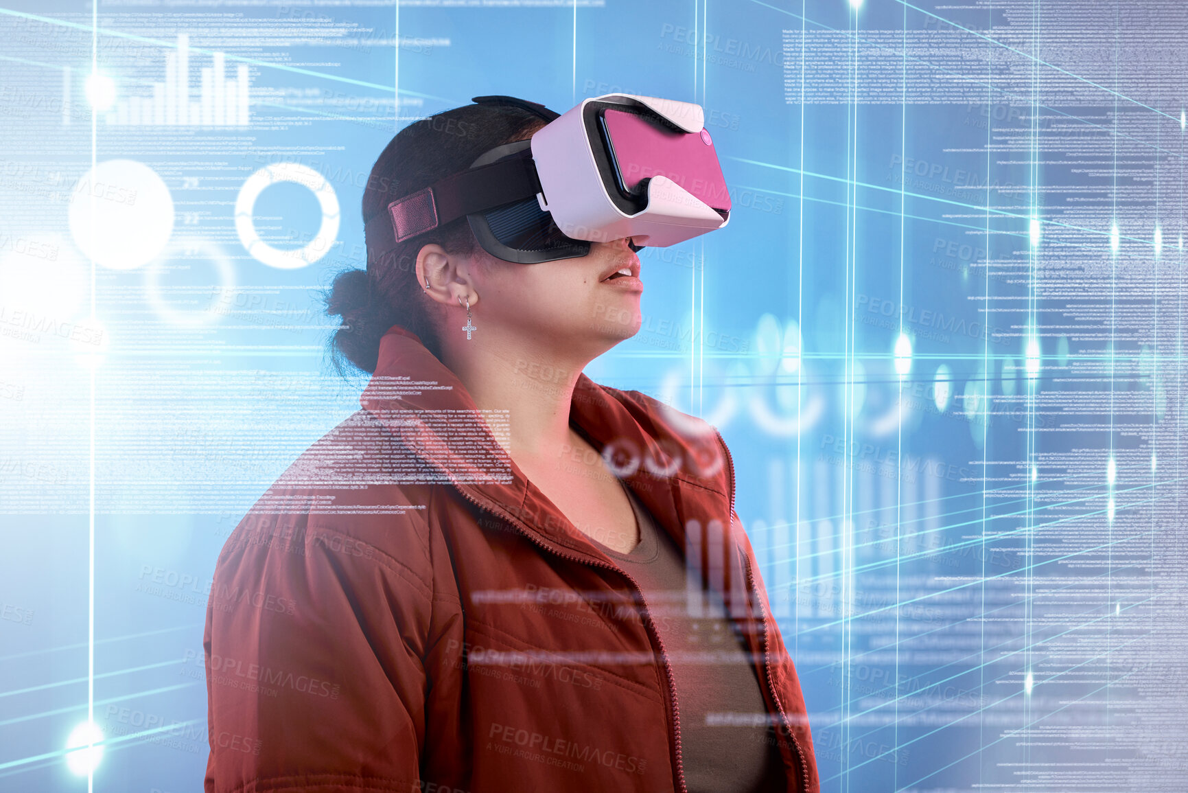 Buy stock photo Metaverse, girl or virtual reality glasses with overlay for digital transformation, charts or graphs online. Woman with cool vr headset in holographic cyber 3d technology for big data or future news