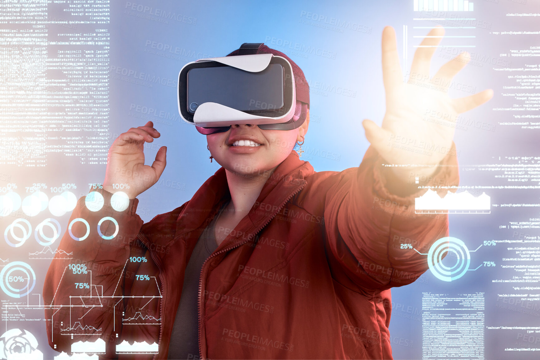 Buy stock photo Light, woman or virtual reality glasses with hologram for digital transformation, 3d charts or graphs online. Girl with vr headset in holographic cybersecurity technology for big data or future news