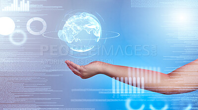 Buy stock photo Globe hologram, global network or hand of person with data analysis or worldwide communication networking. Future cloud computing network, holographic planet ui or user with digital analytics overlay