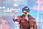 Hacker, metaverse or woman in virtual reality with hologram for digital transformation or 3d charts online. Wow or shocked girl in holographic cybersecurity technology for malware glitch or software