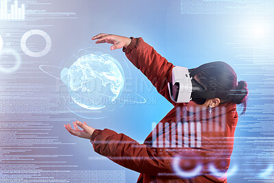 Buy stock photo Metaverse, globe or woman in virtual reality with overlay for digital transformation, charts or graphs online. Girl with vr headset in holographic cyber 3d technology for iot big data or global news