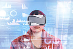 Metaverse, woman or virtual reality big data with overlay for digital transformation, charts or graphs online. Hacker with vr headset in holographic cyber 3d technology for iot ux or future news info