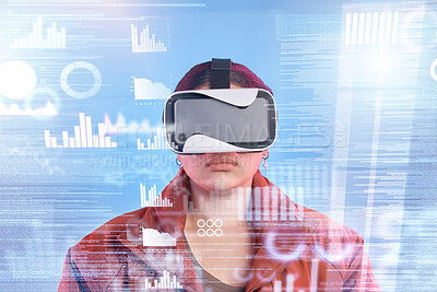 Buy stock photo Metaverse, woman or virtual reality big data with overlay for digital transformation, charts or graphs online. Hacker with vr headset in holographic cyber 3d technology for iot ux or future news info