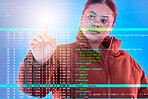 Double exposure, code or woman hacker coding, phishing or typing on cybersecurity database online. Big data programmer, light or girl hacking for digital transformation on ai cloud computing website 