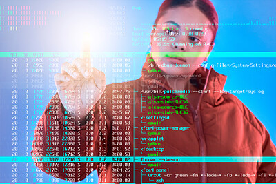 Buy stock photo Double exposure, code or woman hacker coding, phishing or typing on cybersecurity database online. Big data programmer, light or girl hacking for digital transformation on ai cloud computing website 