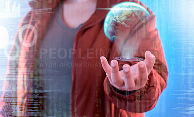 Buy stock photo Earth hologram, global network or hand of person with data analysis or worldwide communication networking. Cloud computing hacker, holographic planet ui or cyber user with globe digital analytics 
