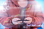 Cryptocurrency overlay, phone or hands of woman trading on stock market to check financial investments. Closeup, charts data or trader reading price growth news in global or digital economy online 